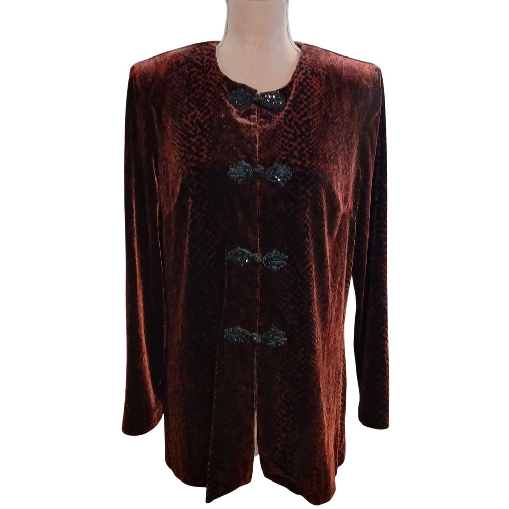 R&M Richards Karen Kwong Vintage Velvet Snakeskin Print Frog Toggle Jacket 12